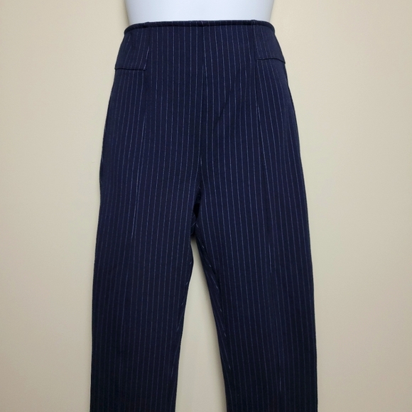 H&M High Waisted Pull-On Zip Ankle Navy White Pin Stripe Skinny Pants Sz 4 - Picture 1 of 8